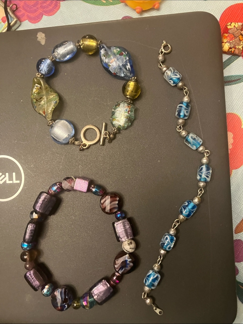 Murano Blue, Green and Purple Glass Bracelet Three Bracelets.  Art Glass